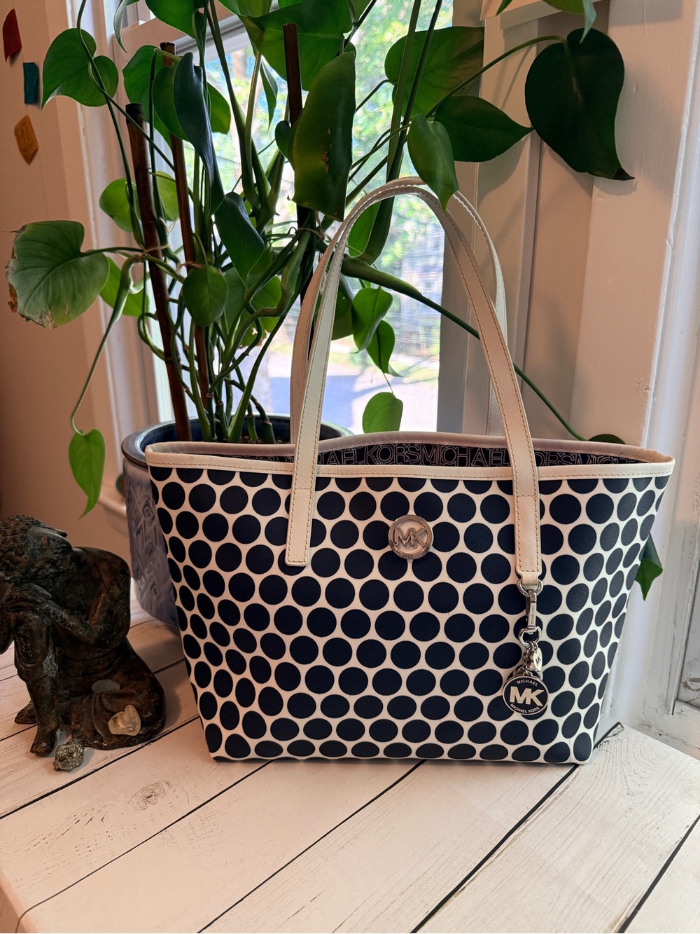 Michael Kors | Kiki Polka Dot Tote Bag, Navy and White with MK Charm